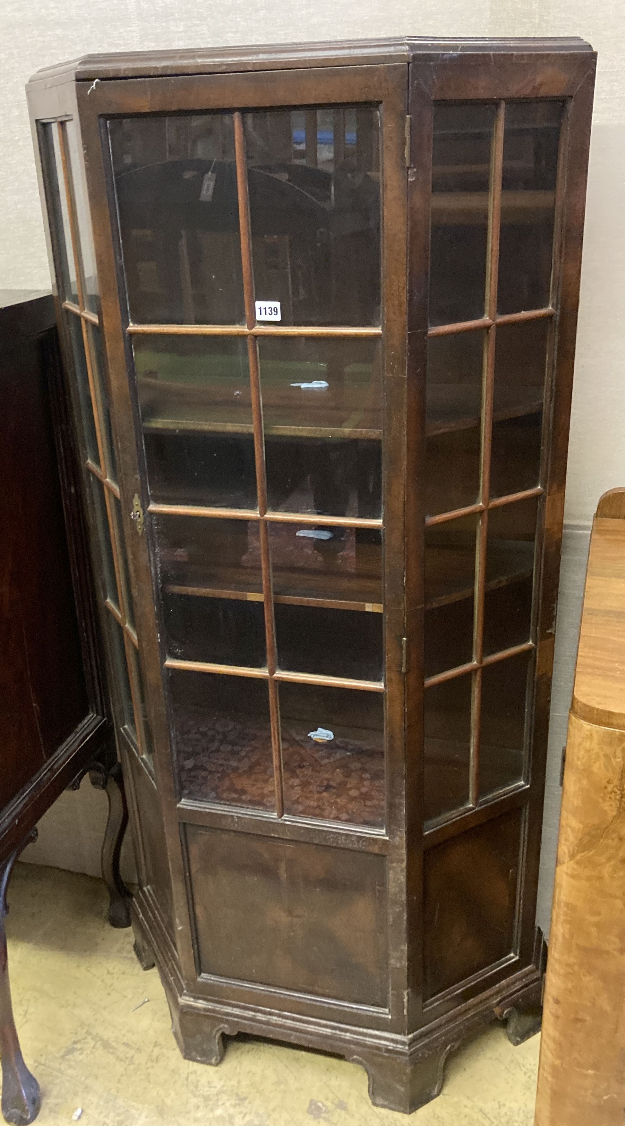 An early 20th century walnut display cabinet, width 78cm depth 30cm height 161cm